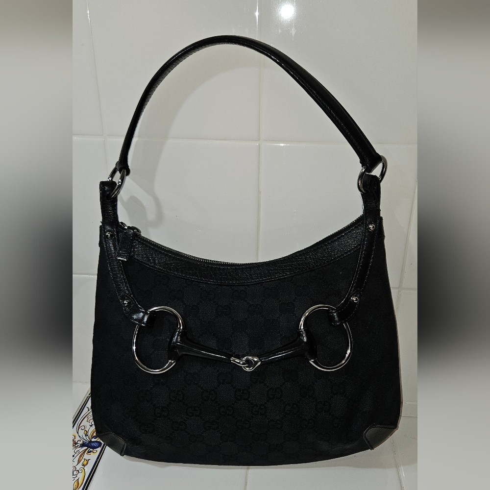 Authentic Gucci Horsebit GG Monogram Canvas Hobo Bag – Black